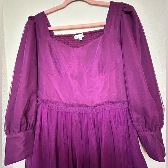 Ivy City Co Florence Dress Plum XL Puff Sleeve Smocked Purple Maxi Midi Tulle - Picture 9 of 16
